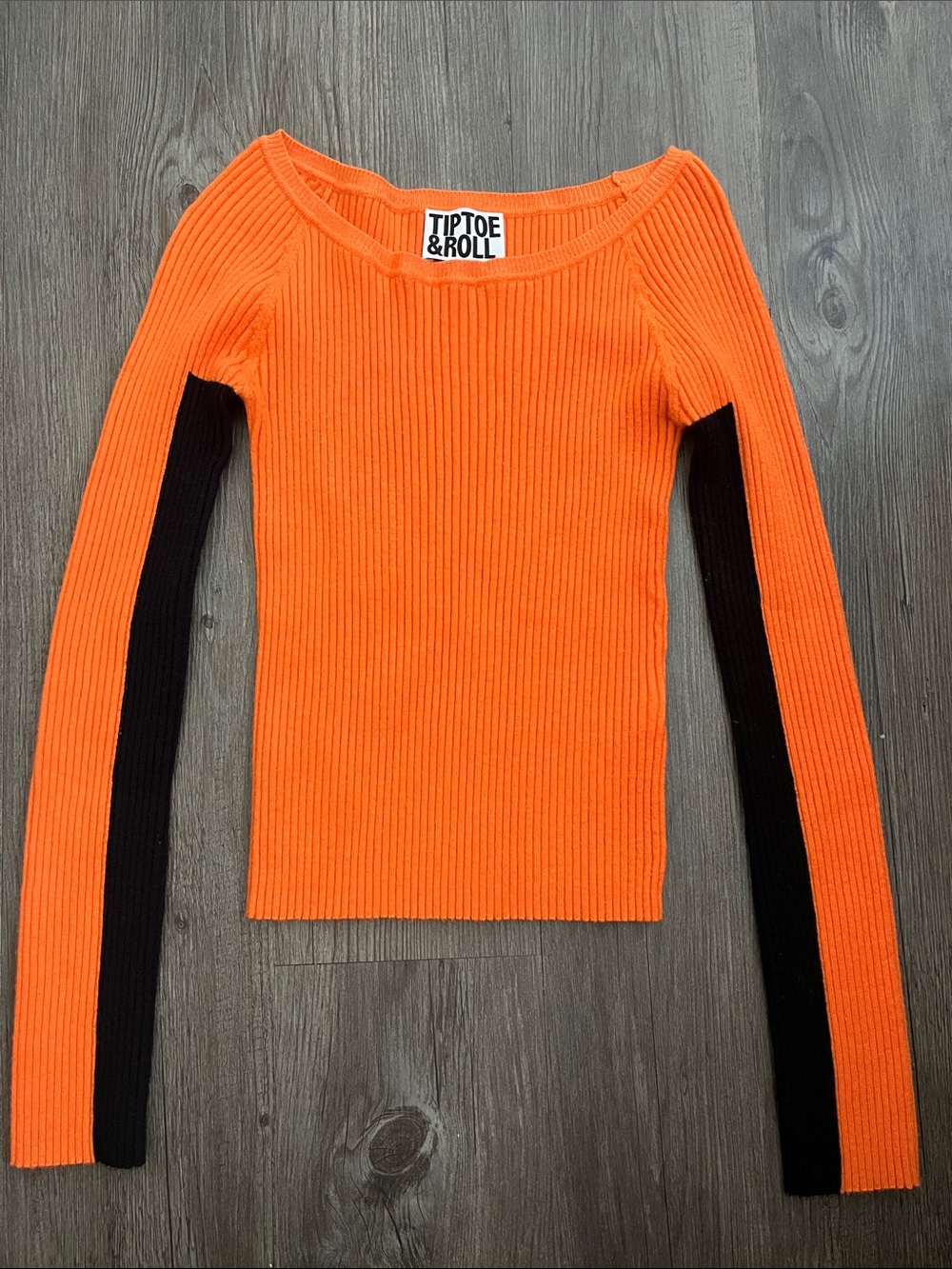 Orange Ribbed Scoop Neck Sweater with Black Sleeve Panels